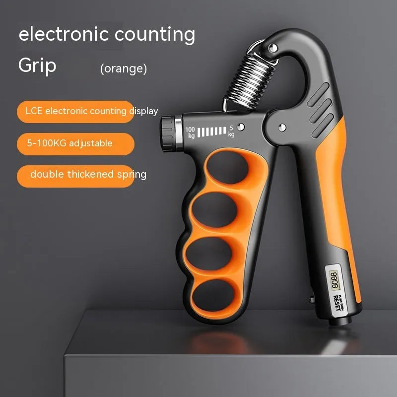 Adjustable electronic counter spring grip hand exerciser in grey, orange, or red.
