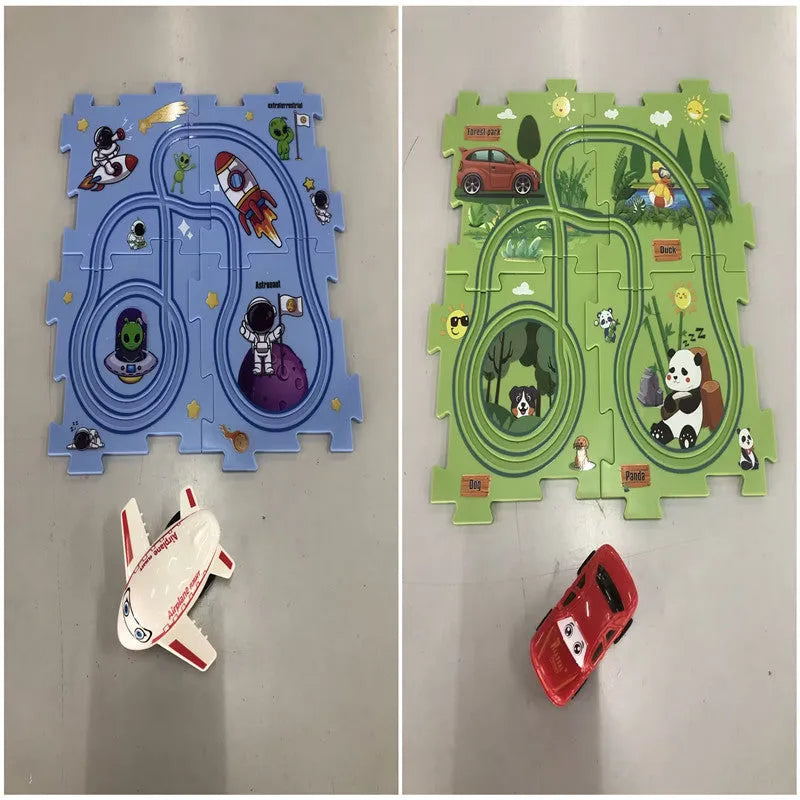 Children puzzle electric railroad speeder with DIY assembly track and automatic car, dinosaur theme