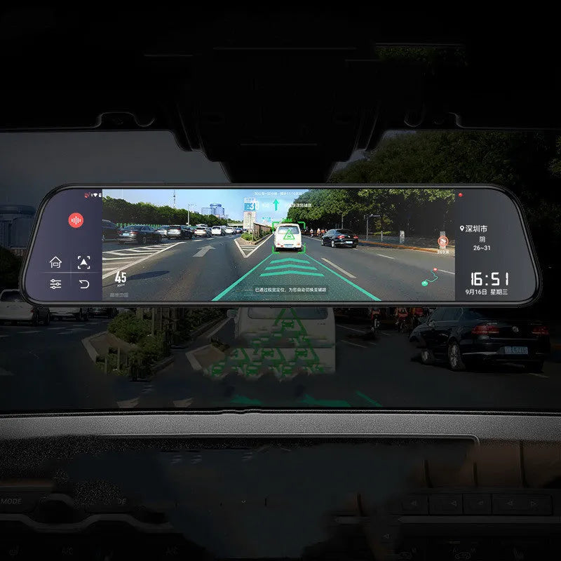 12-inch rearview mirror tachograph with dual camera lenses and large touch screen display for car