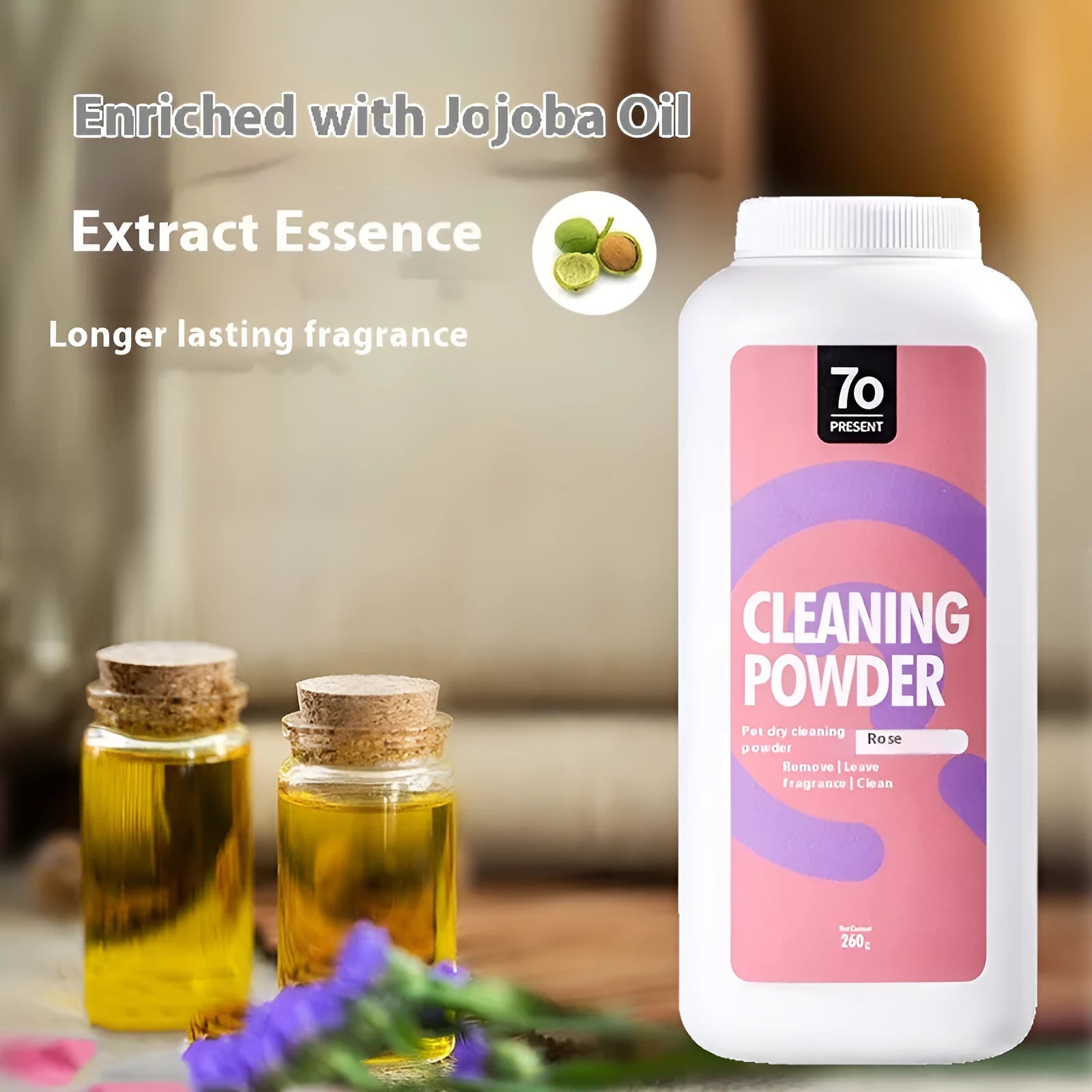 Tub of dog dry cleaning powder waterless shampoo, 260g with deodorant, shown with rose, orange, and menthol scent options.