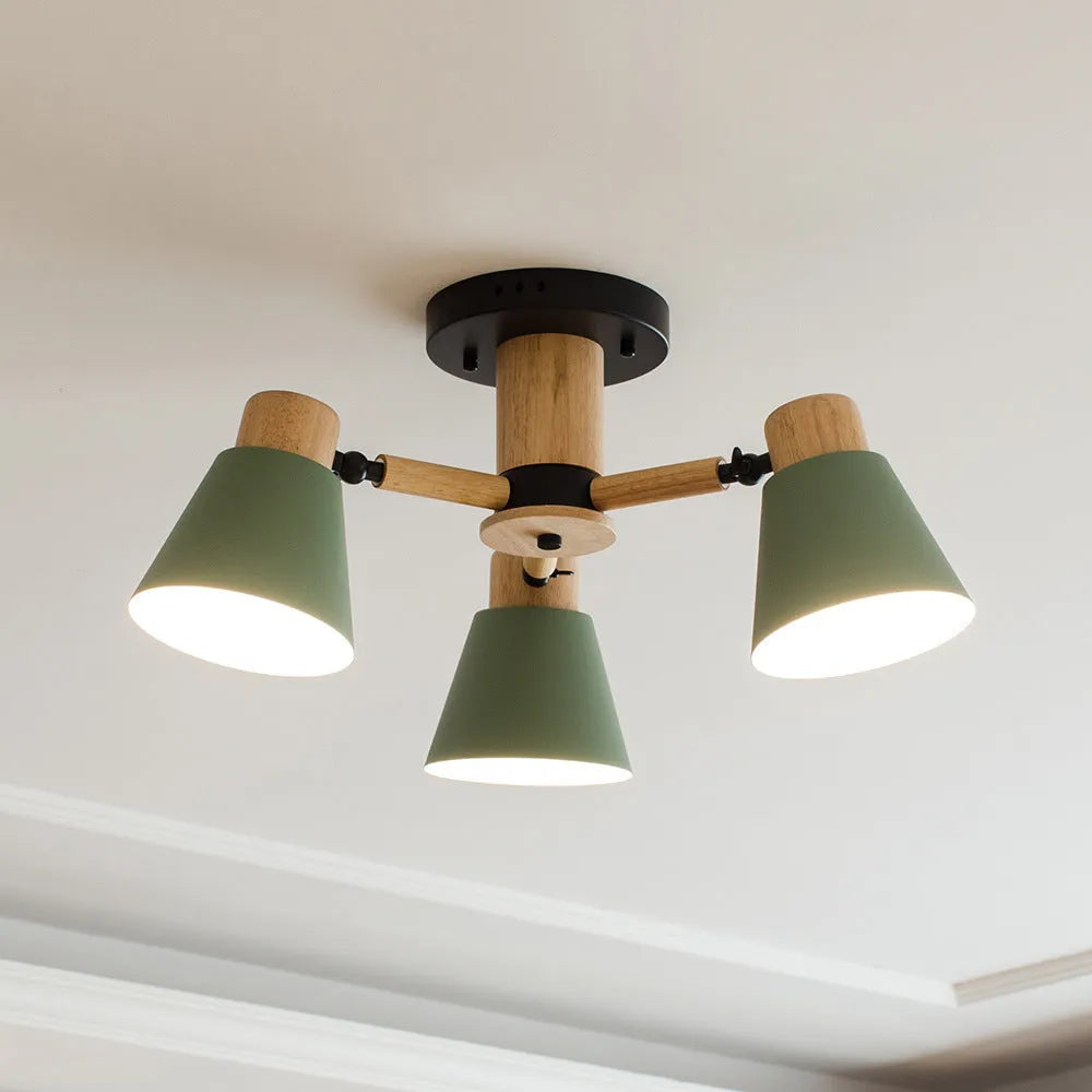 Nordic creative macaron-shaped ceiling pendant light with multiple bulbs in an ironwood frame.