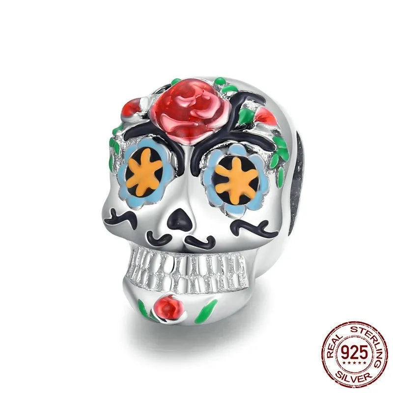 Halloween skull bead made from 925 sterling silver with platinum plating and oil drip finish