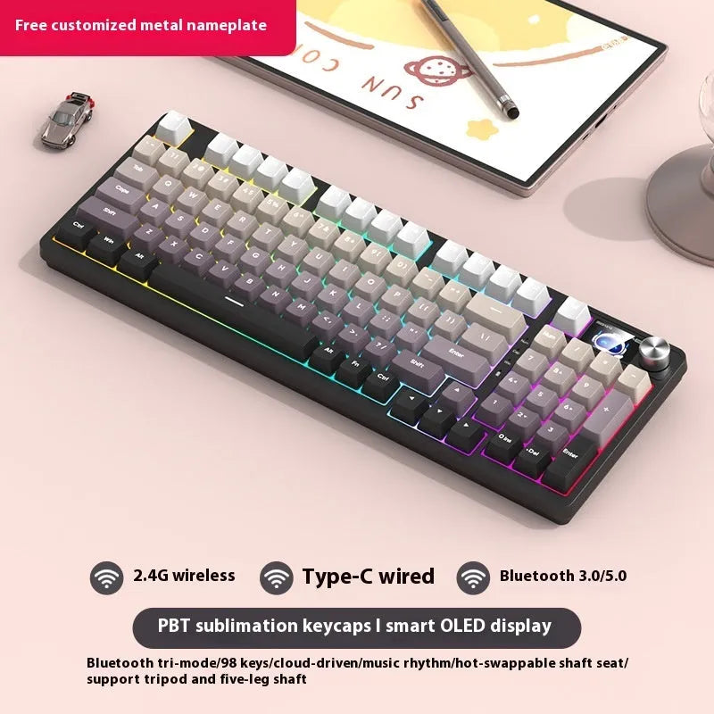 98-key wireless Bluetooth mechanical keyboard kit with metal knob on desk