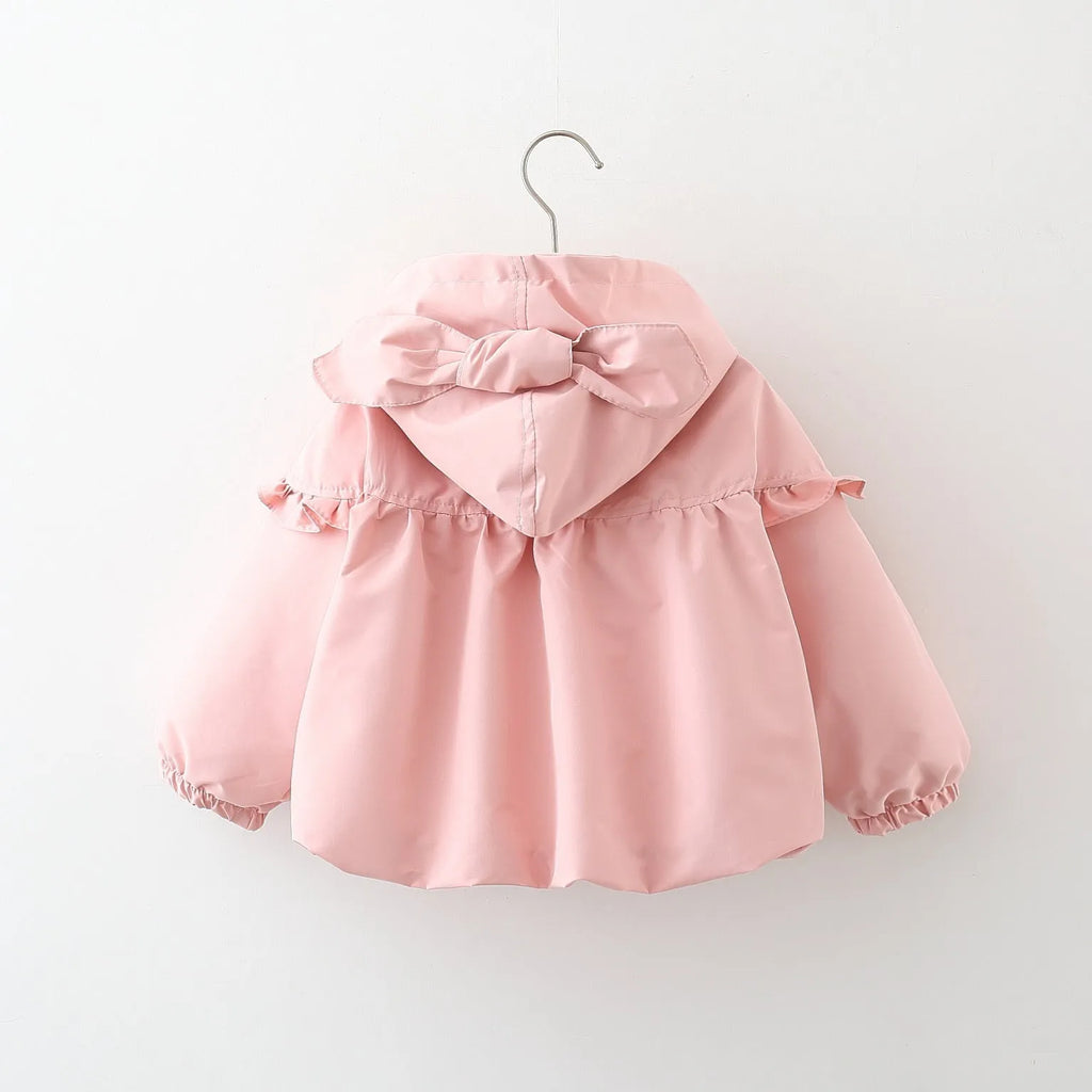 Children's mid-length love hooded trench coat in green, cotton blend, zipper closure, fixed hood, girls casual spring autumn coat