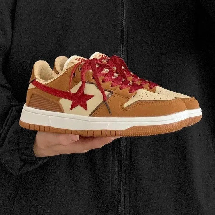 Brown women's platform sneakers with sequin accents and rubber soles