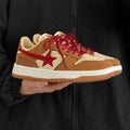 Brown women's platform sneakers with sequin accents and rubber soles