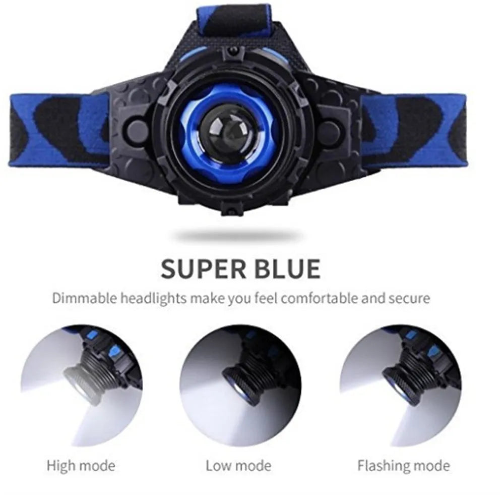 Blue rechargeable LED headlamp with aluminium alloy body and focusing head, head-mounted design for outdoor use