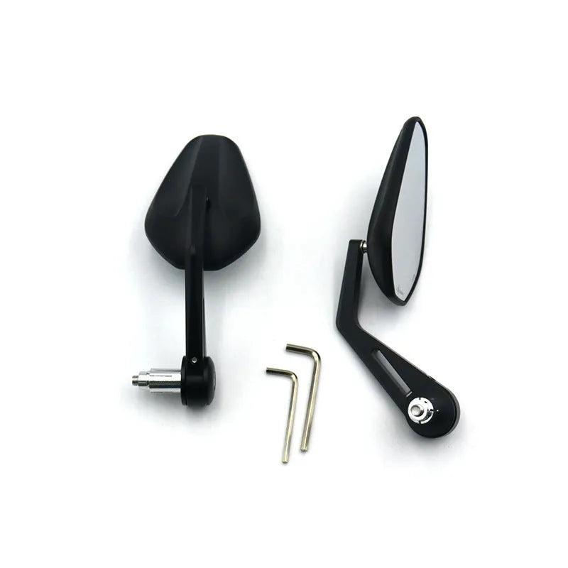 Pair of aluminium alloy retro motorcycle mirrors in black finish mounted on handlebars