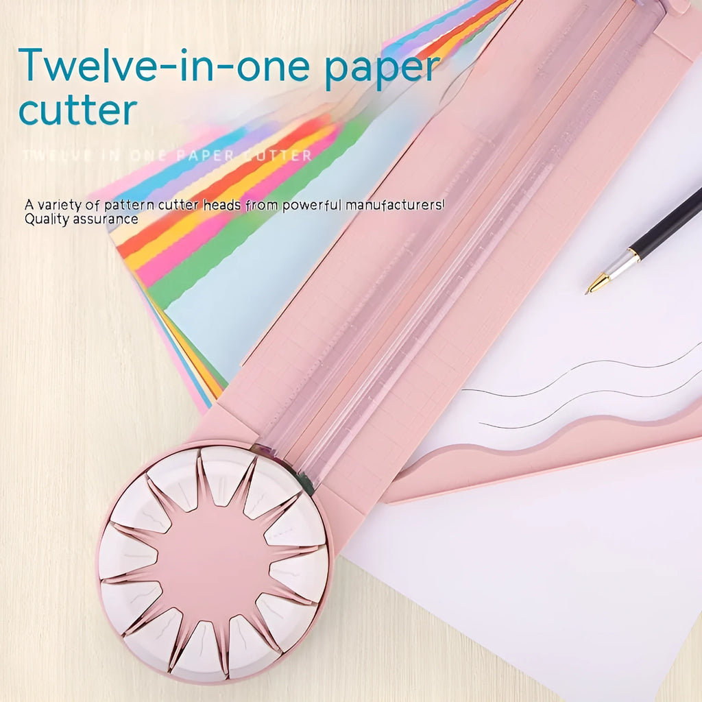 Pink plastic multifunctional 12-in-1 paper cutter and scoring board with size guides.
