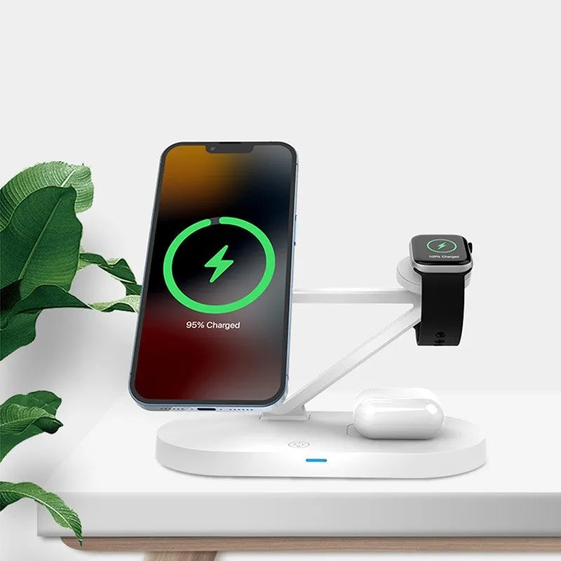 Black and white 3-in-1 wireless charging station for phone, Apple Watch and AirPods with USB port
