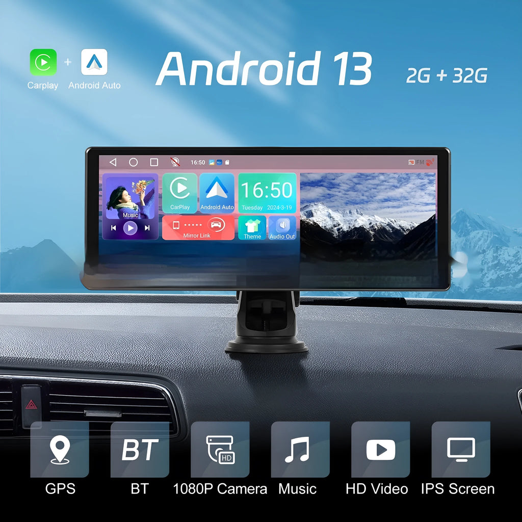 11.3-inch Android car touchscreen display on dashboard with wireless CarPlay and Android Auto shown on screen.