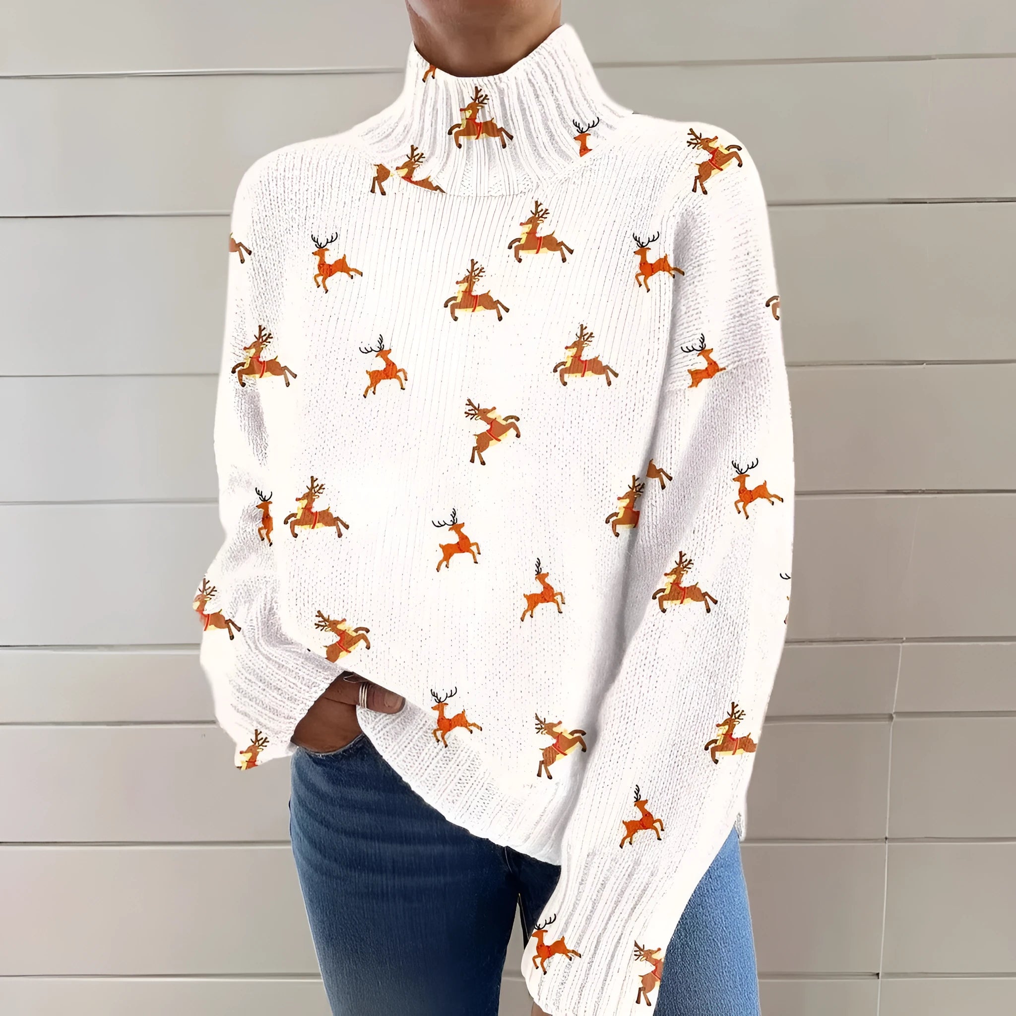 Women's loose fit Christmas printed turtleneck sweater in a macaron colour