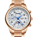 Men's mechanical perpetual calendar watch with moon phase display on black leather strap