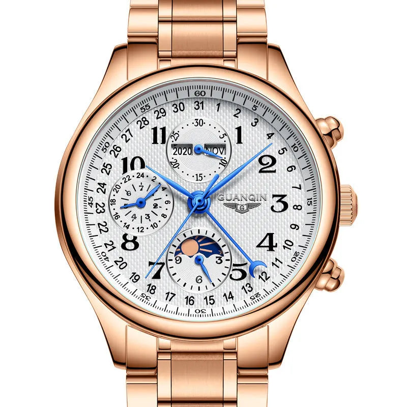 Men's mechanical perpetual calendar watch with moon phase display on black leather strap