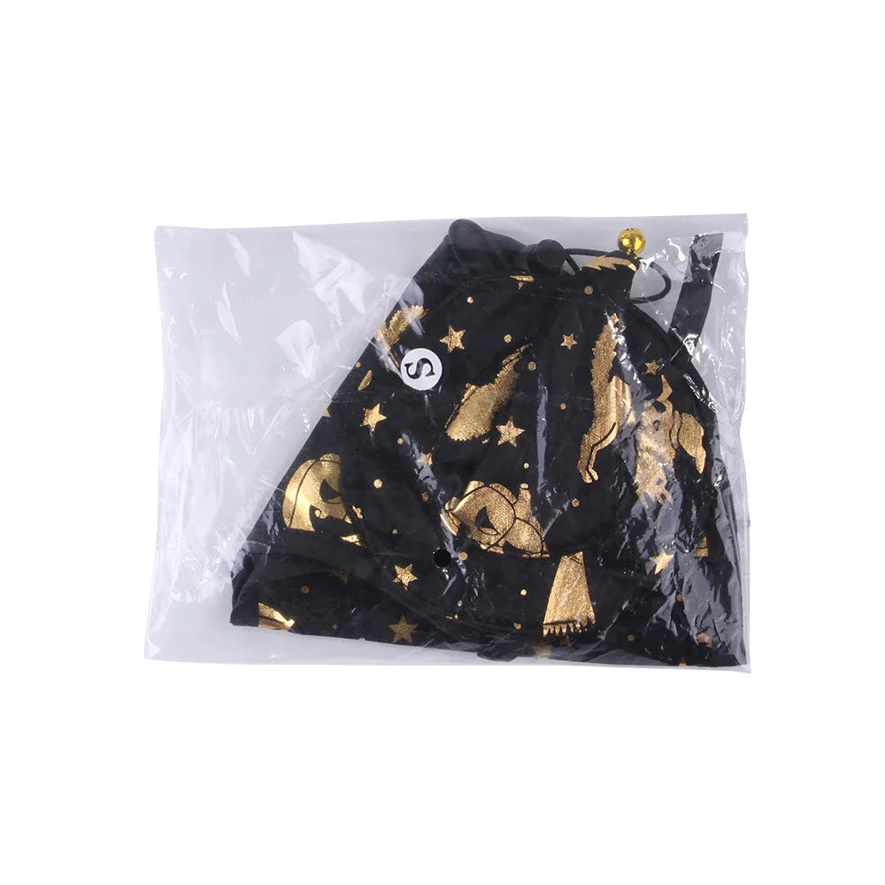 Halloween print wizard cloak suit for a pet dog or cat in cloth, with hat and cloak options in sizes S, M and L