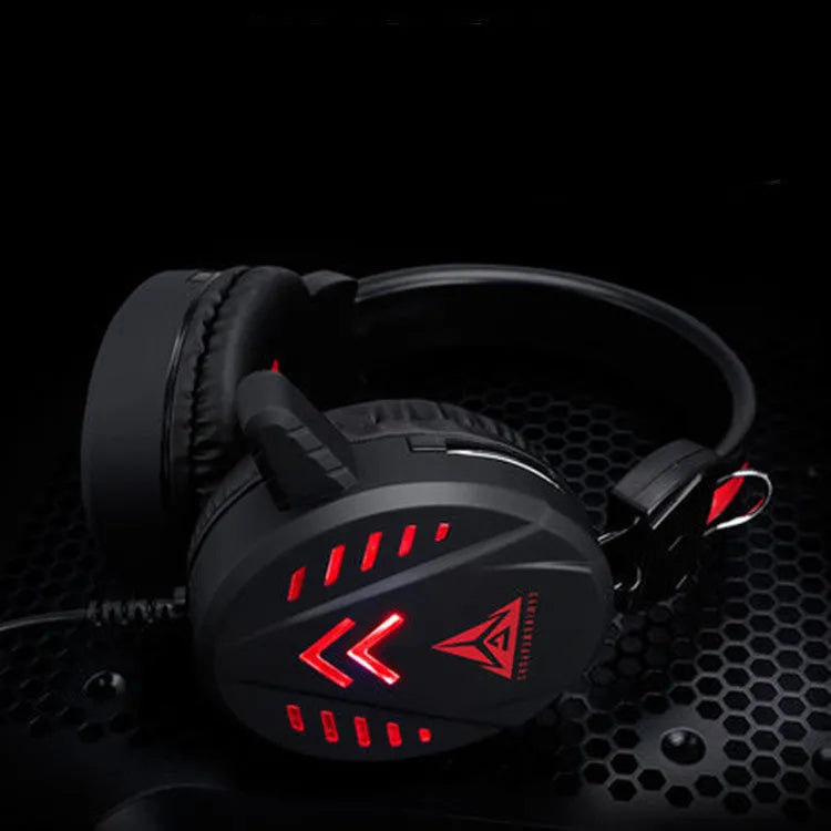 Black luminous wired gaming headset with microphone and over-ear cups for PC.