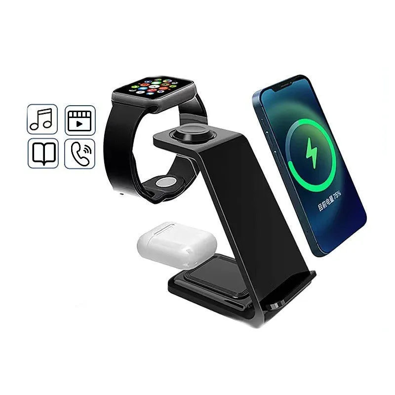 White 3-in-1 wireless charger with upright phone holder on a desk, showing Type-C port and dual-coil charging pad.