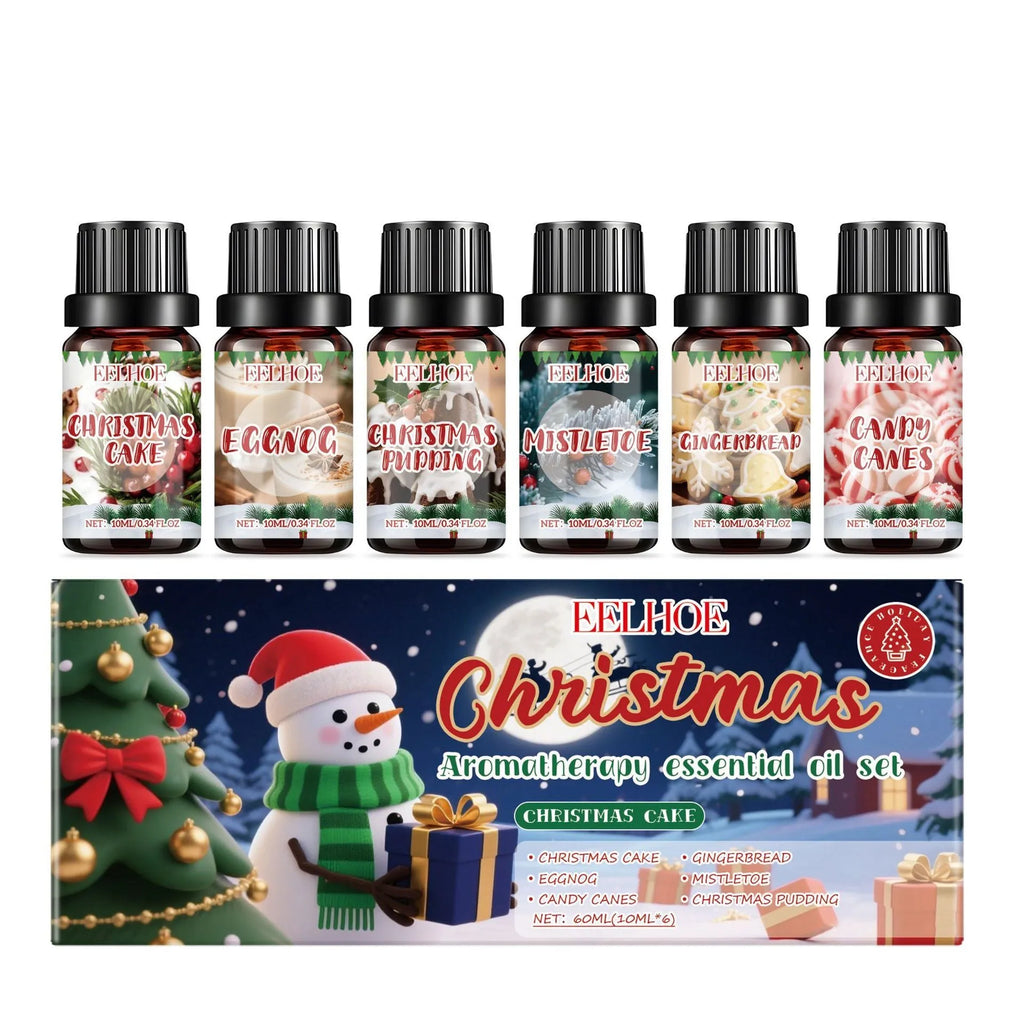 Christmas aromatherapy oil gift set showing six bottles including one large 60ml bottle.