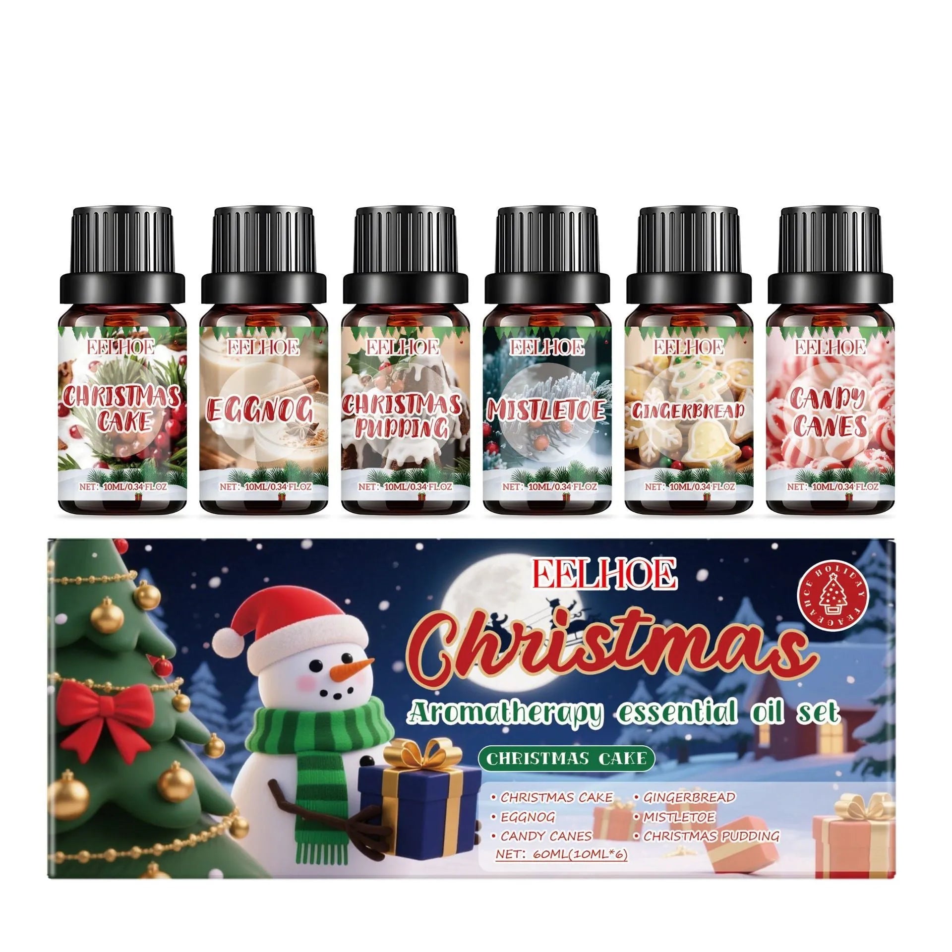 Christmas aromatherapy oil gift set showing six bottles including one large 60ml bottle.