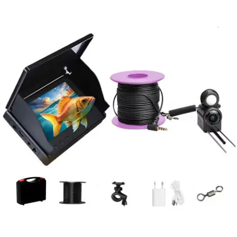 Underwater fish finder HD camera with 4.3-inch screen, showing a video feed of fish and aquatic plants.