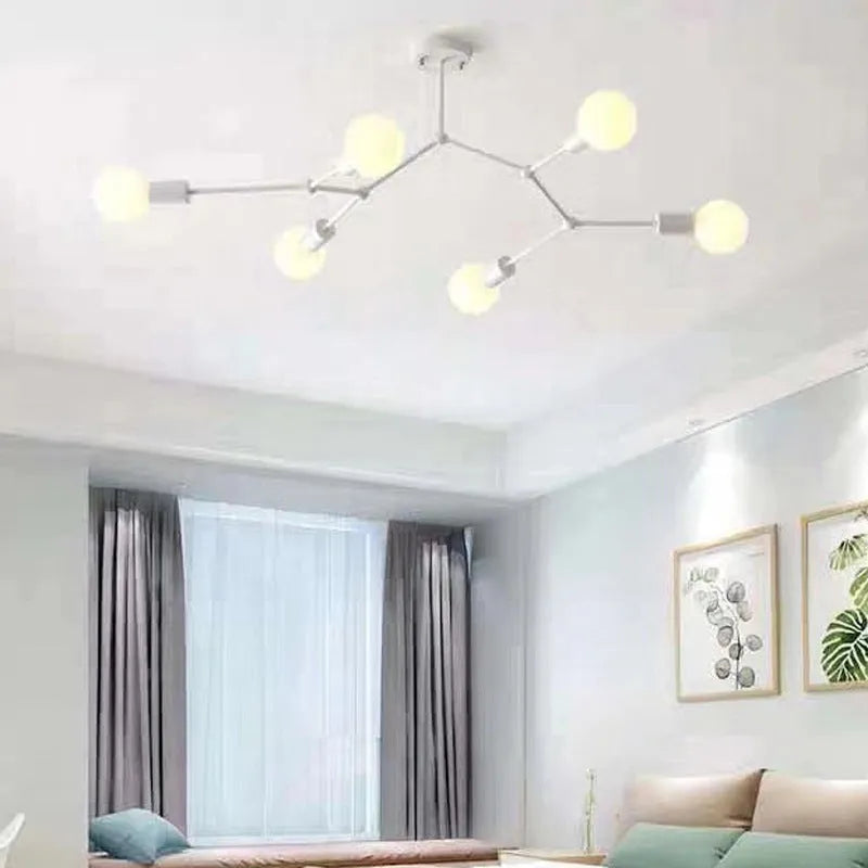 Simple black and white Nordic style iron chandelier ceiling lamp with multiple light heads.