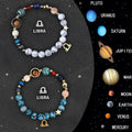 Two natural stone beaded bracelets with nylon cord and adjustable knots, showing zodiac sign designs.