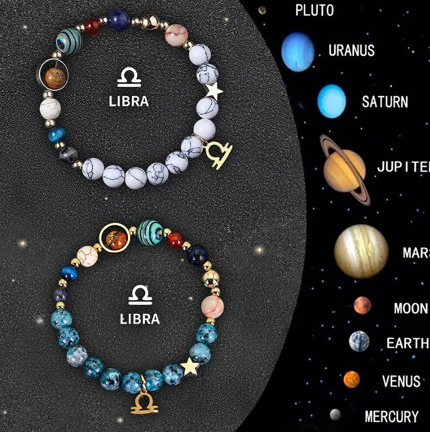 Two natural stone beaded bracelets with nylon cord and adjustable knots, showing zodiac sign designs.