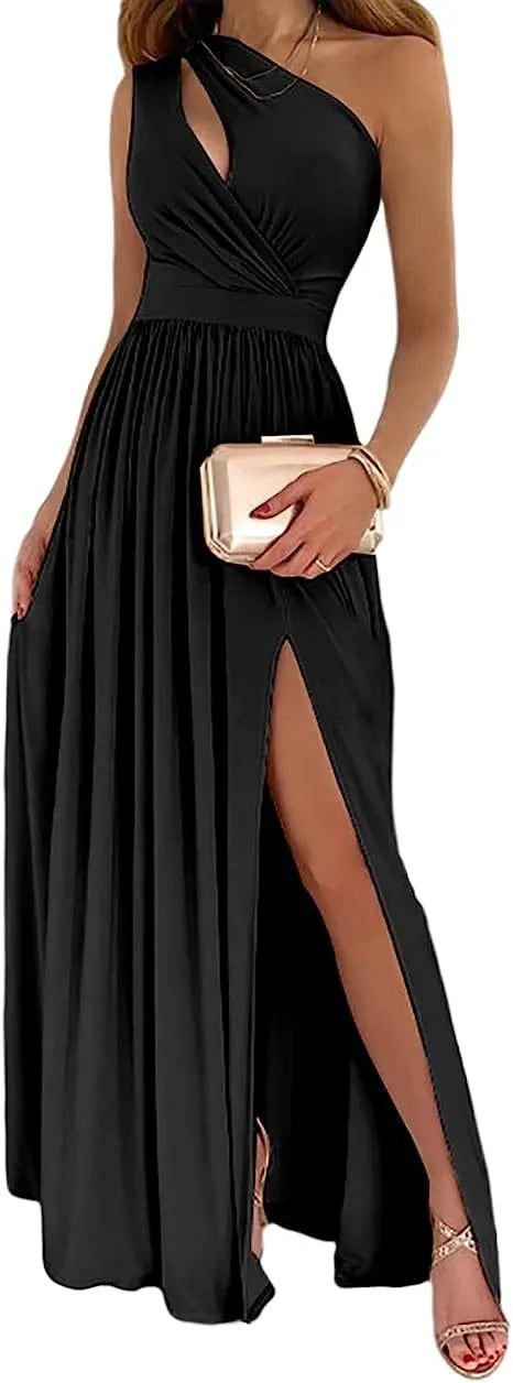 Women's one shoulder cocktail maxi dress in soft fabric with high split and cutout design.