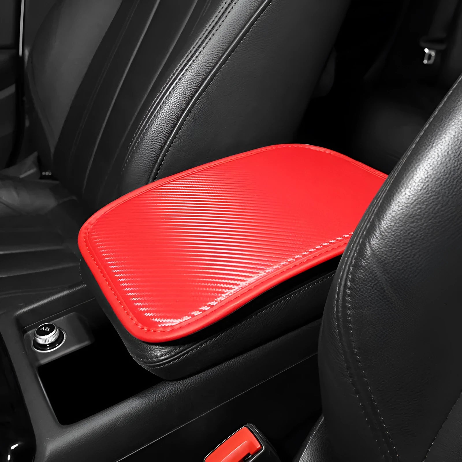 Leather car armrest box cushion mat in four colour options on a white background.