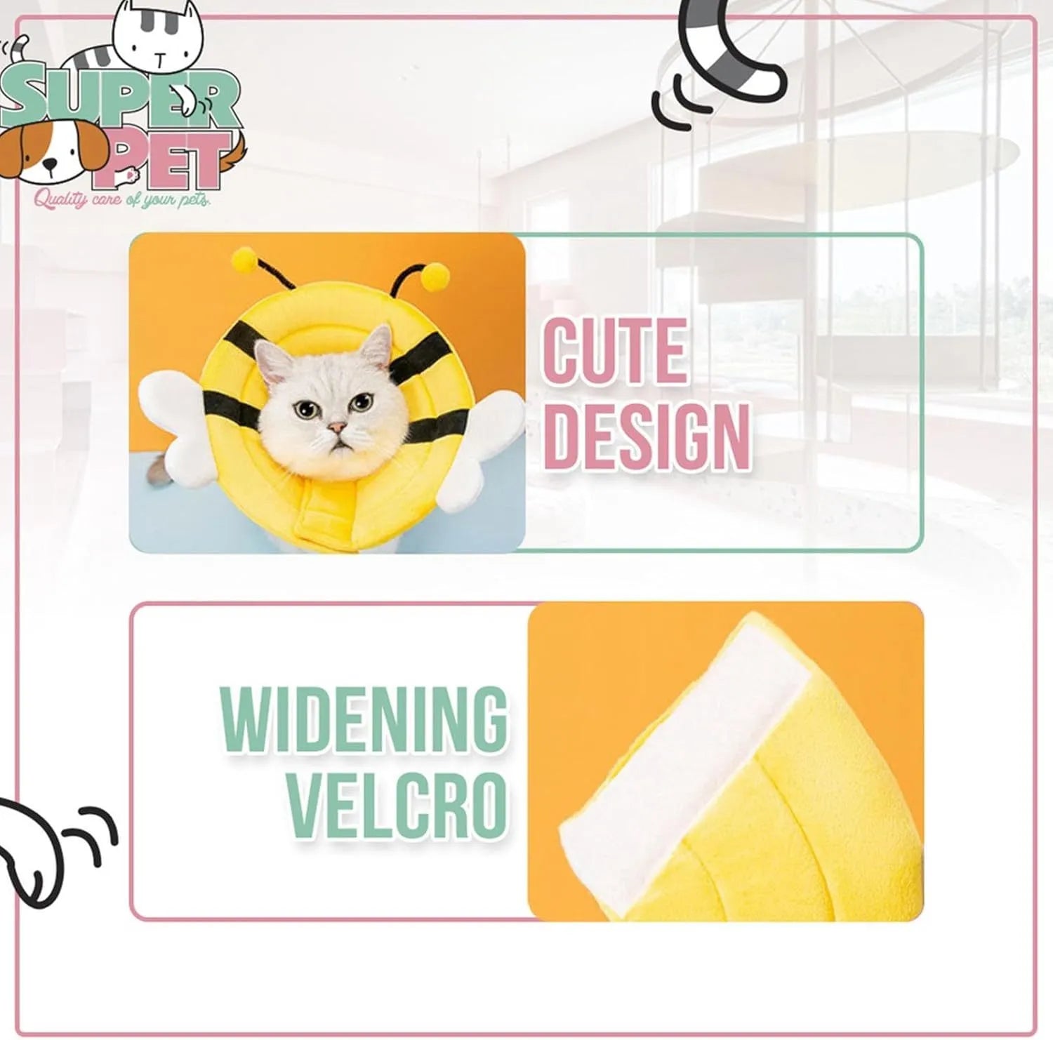 Soft cat cone collar with bee design showing Velcro closure and fabric construction
