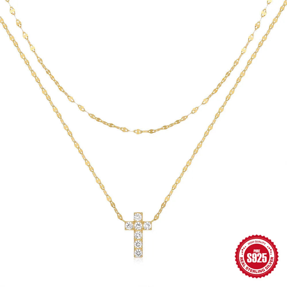 S925 sterling silver double layer twin diamond cross pendant necklace on an adjustable clavicle chain.