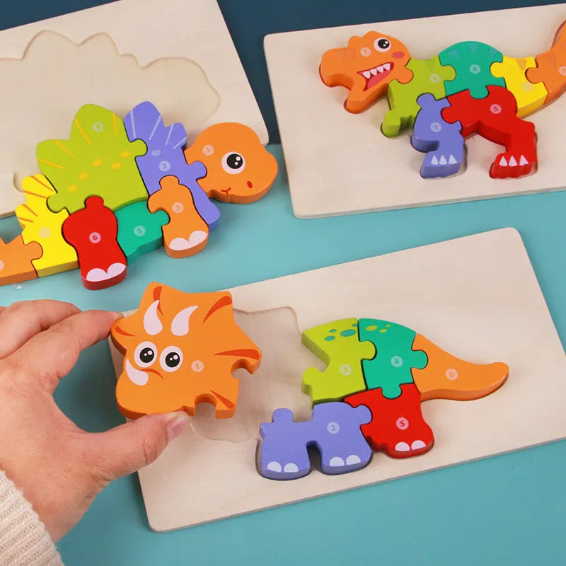 Wooden 3D puzzle pieces assembled into dinosaur models for children's educational play.