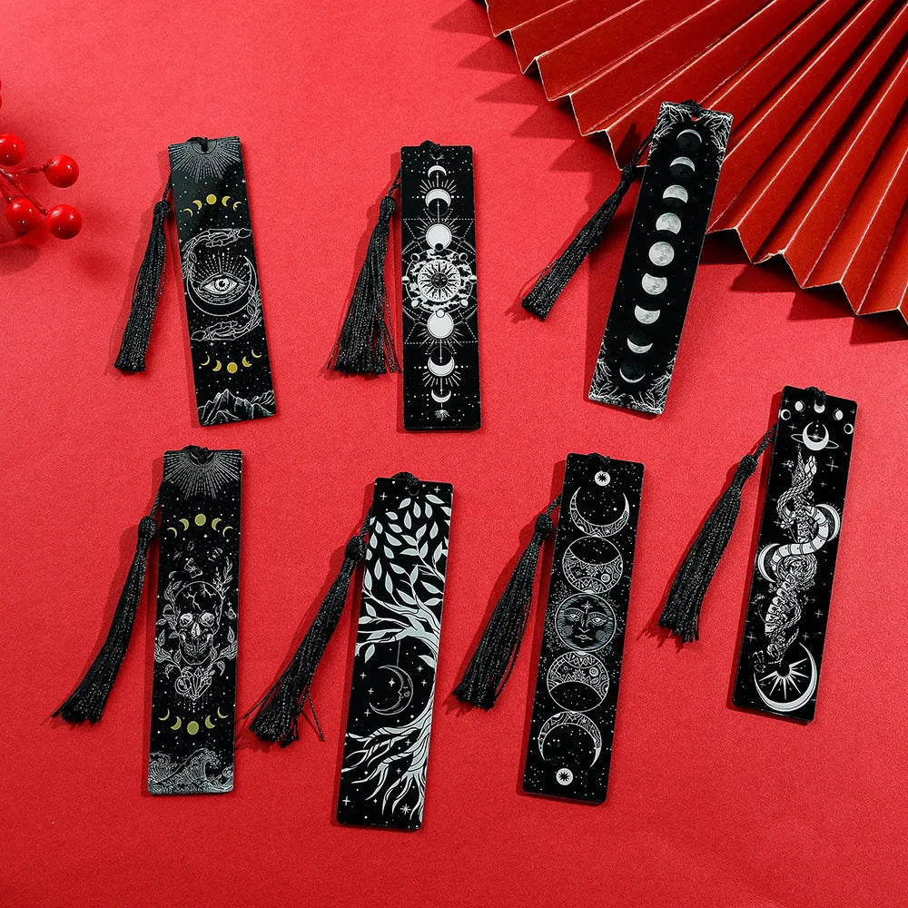 Creative skull pattern acrylic tassel bookmark for reading decoration, available in ten colour options.