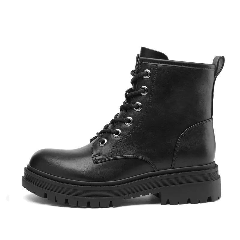 Women's flat lace up satin over the knee booties in black, flat sole, beyond knee length, lace up front
