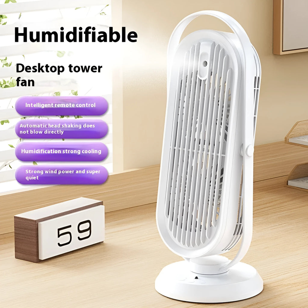 USB tower fan with humidification function in white, light blue or dark blue with remote control