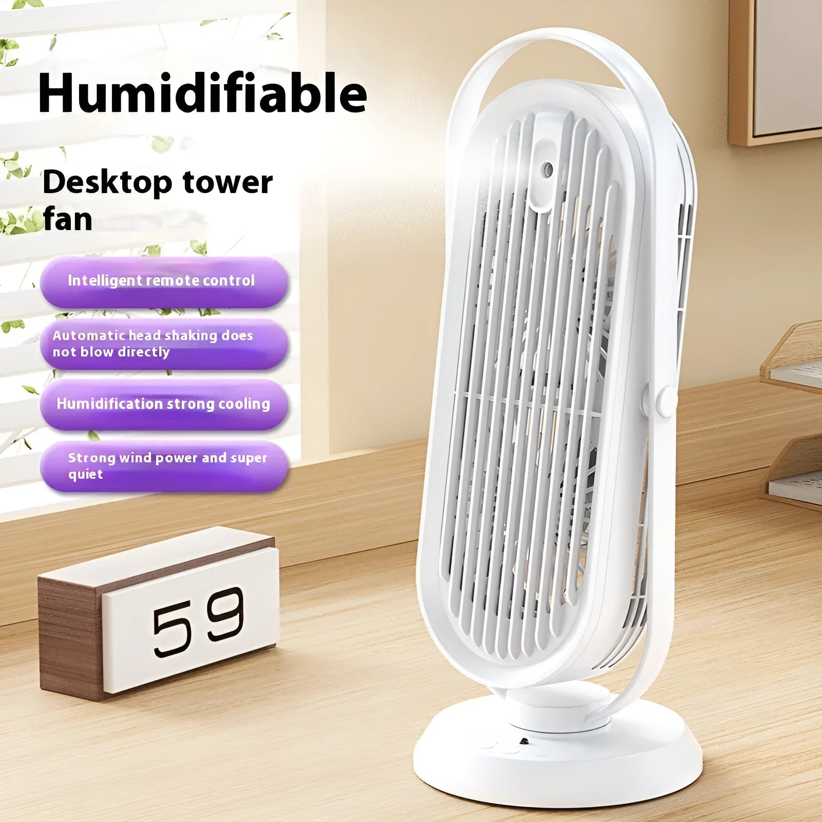 USB tower fan with humidification function in white, light blue or dark blue with remote control