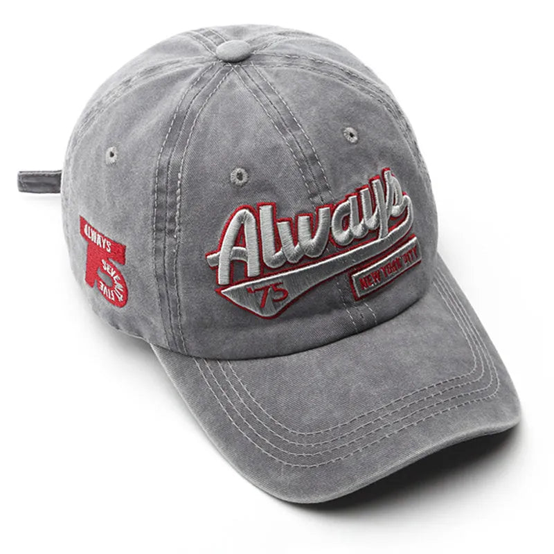 Letter embroidery baseball cap in cotton twill with curved brim and adjustable size, shown in yellow.