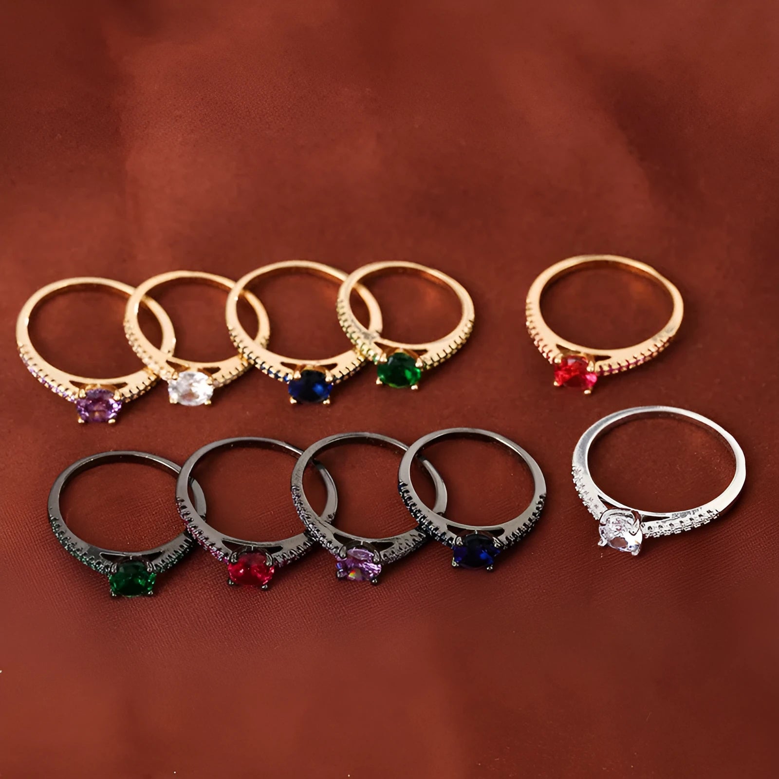 Geometric hexagonal cubic zirconia ring with electroplated copper band in a choice of ten colours.