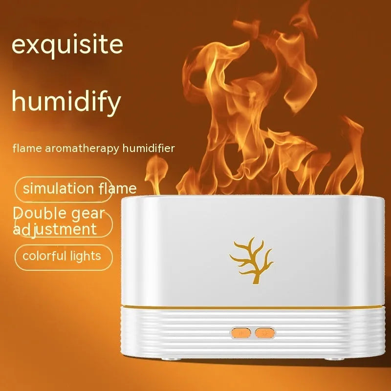 Square black or white USB flame humidifier with LED fire simulation and aromatherapy function
