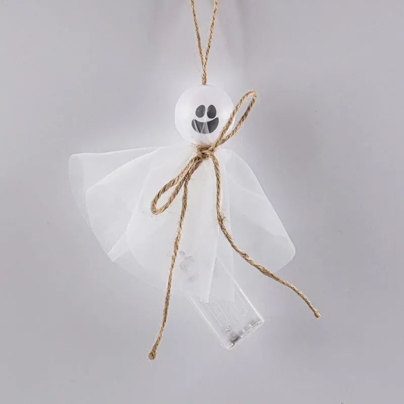 Halloween ghost LED lighting chain with colourful battery-operated lights showing six different ghost design variations