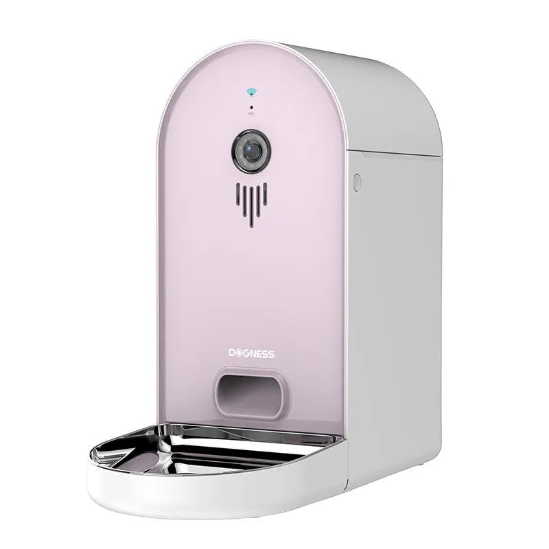 Automatic pet feeder with remote monitoring in Barbie pink and ivory white colours