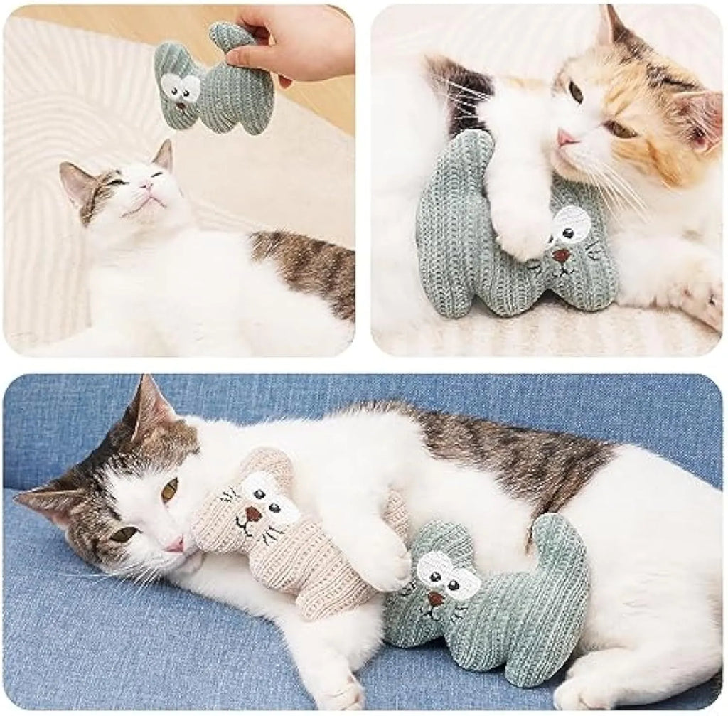 Cyan plush cat toy with bell and catnip, measuring 12cm by 11cm, on a white background