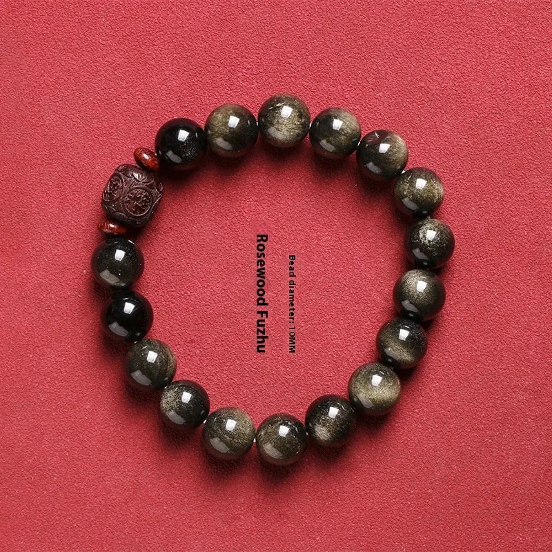 Golden obsidian vintage life bracelet with 10mm hand-woven beads and national style elements