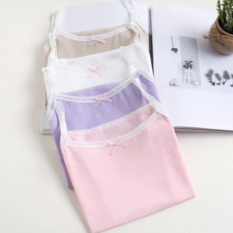 Girls' simple pure cotton lace vest in white with bow detail, suitable for height 100-150cm