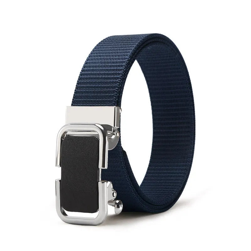 Men's toothless nylon canvas belt with alloy buckle showing adjustment mechanism and colour options