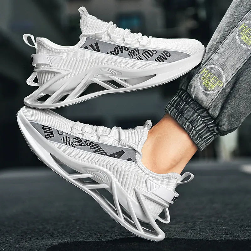Men's black fly woven mesh casual exercise shoes with embroidery detail on a white background.