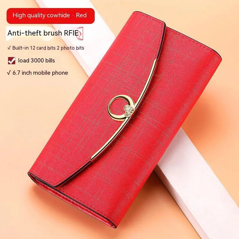 Women's genuine leather long wallet clutch with anti-theft card slots and multiple compartments