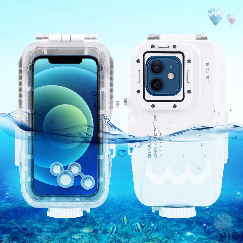 White waterproof diving phone case for iPhone 12 and 13 series, 40 metre depth rating