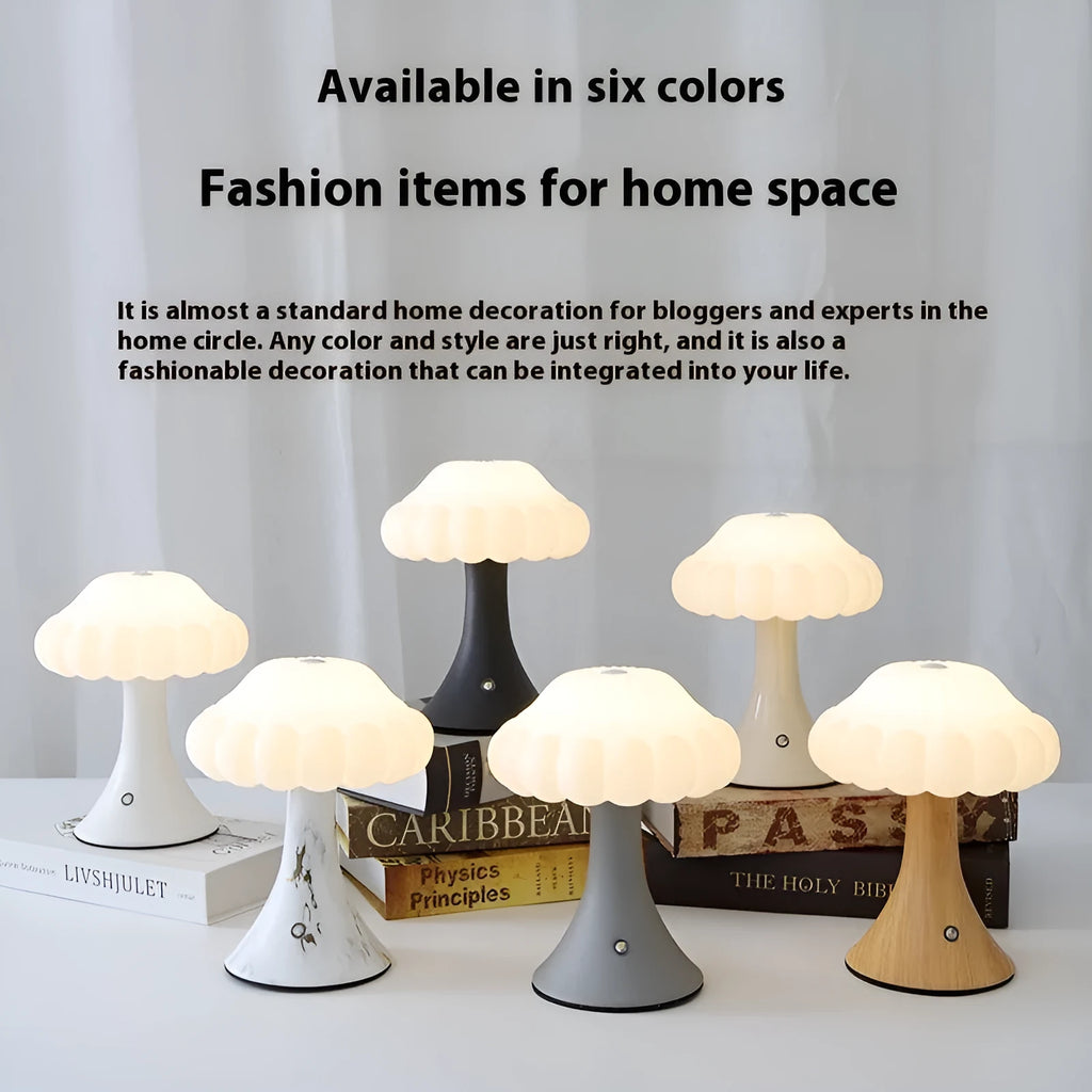 Wood grain coloured mushroom-shaped touch lamp with USB charging port on a bedside table.