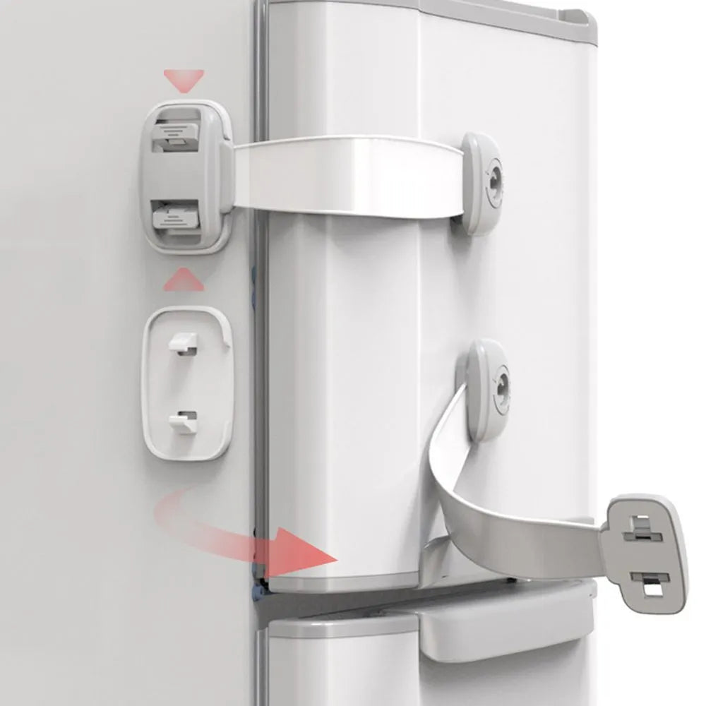 Adjustable grey child safety lock with strap for cabinets and drawers using 3M adhesive tape